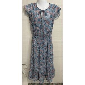 Gypsies & Moondust Flutter Sleeve Dusty Blue Floral Maxi Dress S, Ruffle Hem
